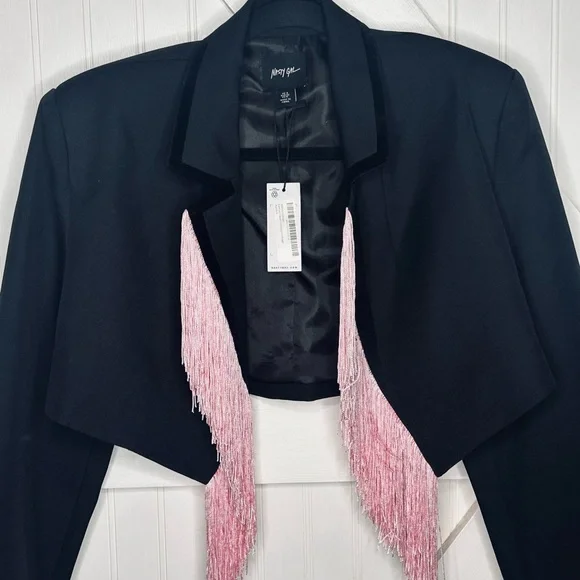 Nasty Gal Premium Tassel Trim Blazer Black with Pink Fringe Size 0 - Picture 5 of 9